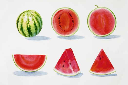 Painting summer watermelon collection, isolated. Original hand drawn watercolor painting, illustration on white background with poster wallpaper for fun party, promotion banner and brochures flyers.