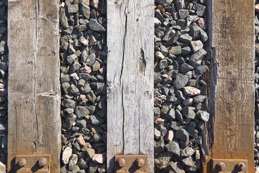 old wooden sleeper on railway, top view background