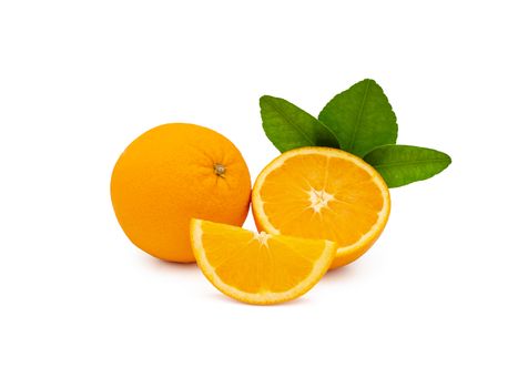 a group of fresh orange fruits with green leaves, isolated on white background with clipping path. fruit product display or montage, studio shot