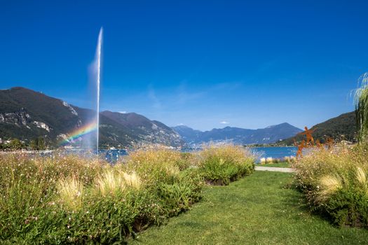 Landscape of the lake, with art installations of gardening.