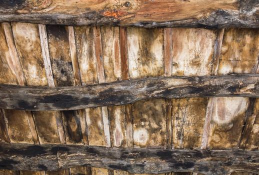 Old wood ceiling with beams on timber background