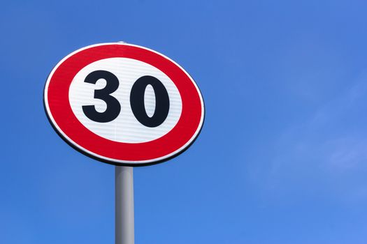 Road sign 30 Km speed limit .Traffic Limitation Order, Red Circle. Space for text.