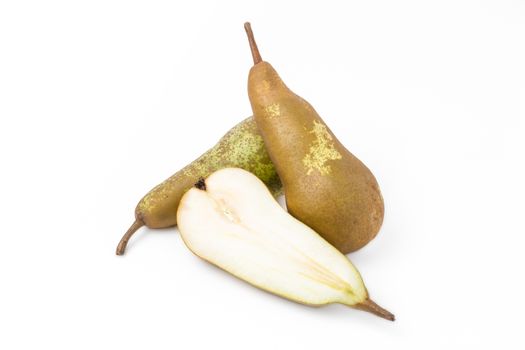 Three Abate Fetel pears isolated on white background. Close up.