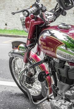 Royal Enfield vintage motorcycle. Bergamo, ITALY - July 13, 2018.
