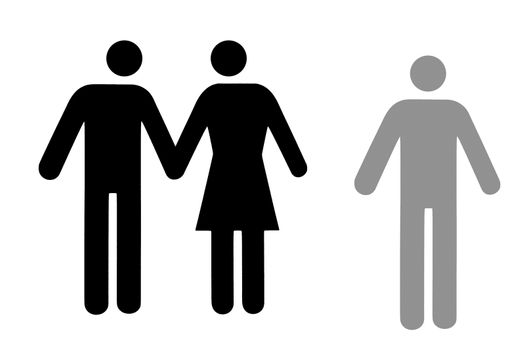 Couple and single icon flat, black pictogram isolated on white. Conceptual representation of refusal, abandonment, betrayal, choice of a partner.