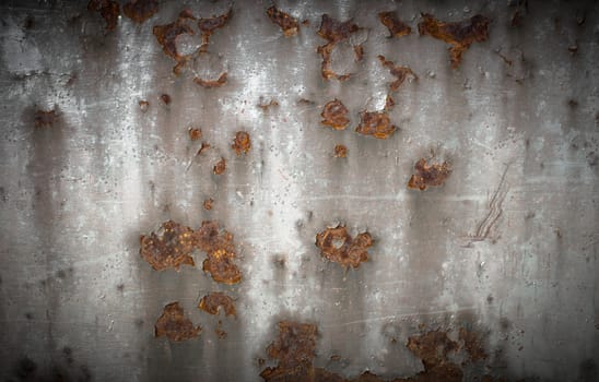 Metal panel with deep signs of rust, scratches and dirt.