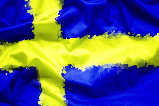 Flag Kingdom of Sweden by watercolor paint brush on canvas fabric, grunge style