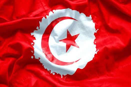 Flag Republic of Tunisia by watercolor paint brush on canvas fabric, grunge style