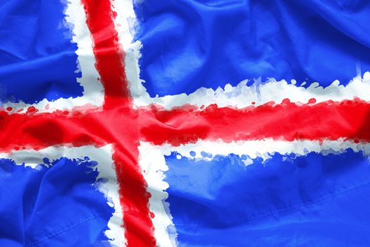 Flag of Iceland by watercolor paint brush on canvas fabric, grunge style