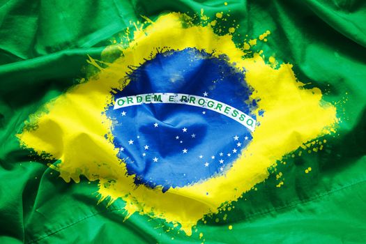 Flag Federative Republic of Brazil (Brazil) by watercolor paint brush on canvas fabric, grunge style