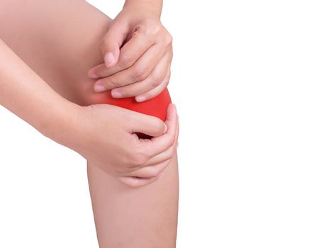 woman suffering from knee pain, joint pains. red color highlight at knee isolated on white background. health care and medical concept