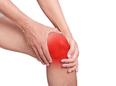 man suffering from knee pain, joint pains. red color highlight at knee isolated on white background. health care and medical concept