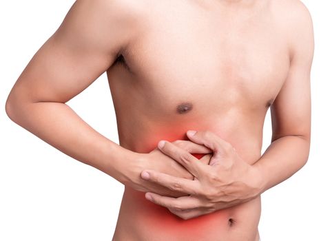man stomach suffering from stomachache or Gastroenterologist Concept with Healthcare And Medicine. Pain in red color. Isolate on white background