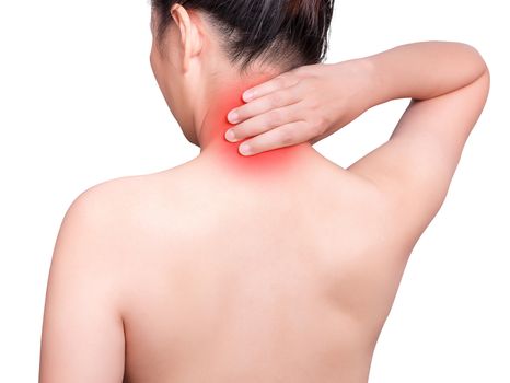 woman suffering from neck pain using hand massage painful neck and nape. red color with red highlight at neck , neck muscles isolated on white background. health care ,medical concept. studio shot