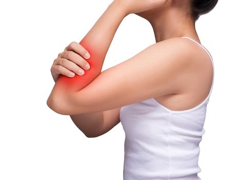 woman suffering from arm pain, painful in arm muscles. red color highlight at arm , arm muscles isolated on white background. health care and medical concept. studio shot