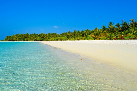 Sunny beach with white sand, coconut palm trees and turquoise sea. Summer vacation and tropical beach concept. Overwater at Maldive Island resort.