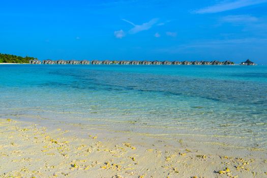 Sunny beach with white sand, coconut palm trees and turquoise sea. Summer vacation and tropical beach concept. Overwater at Maldive Island resort.