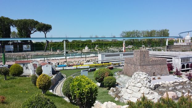 Rimini, Italy - July 12, 2019 - Theme park Italy in Miniature (Italia in Miniatura) in Rimini, Italy - Reproduction of famous attractions in a small scale