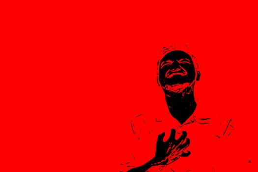 Sketch drawing of man pain from disease heart attack in healthcare and angina concept on red background with copy space use for artwork, template or slideshow