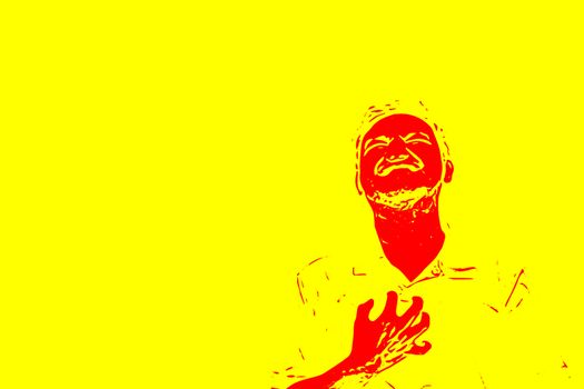 Sketch drawing of man pain from disease heart attack in healthcare and angina concept on yellow background with copy space use for artwork, template or slideshow