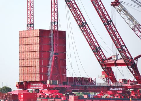 KAOHSIUNG, TAIWAN -- MARCH 15, 2019: A large container facility is being constructed at the Xinda fishing port.
