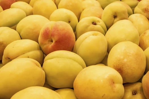 close up ripe apricots in a market