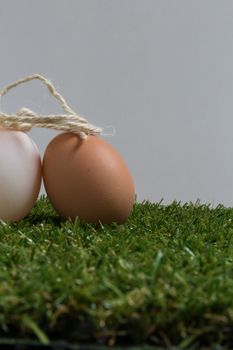 Two eggs are getting married on a grass field.