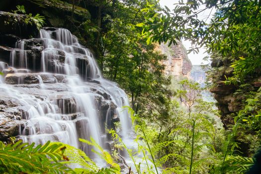 Waterfalls cascading over rocks in Wentworth Falls, New South Wales, Australia