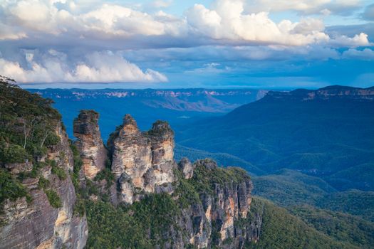 The Three Sisters rock formation at sunset in the Blue Mountains, New South Wales, Australia