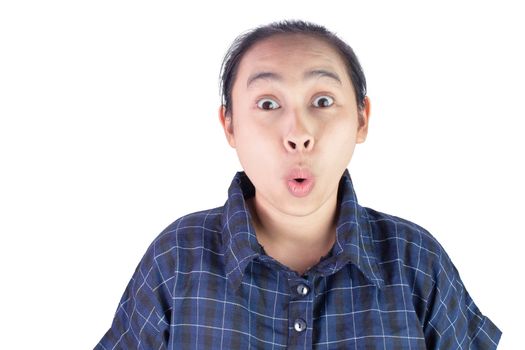 Close-up wow and surprised face of Asian young woman wearing blue shirt isolated on white background.