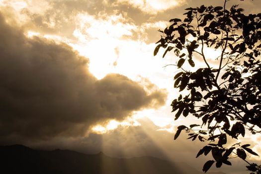 Landscape view of complex mountain with sunset in the evening in northern of Thailand.