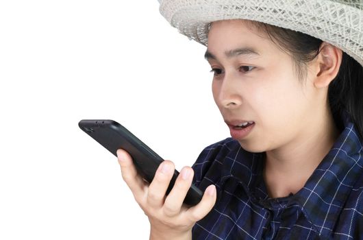 Asian young women talking on the phone by speaker and wear brown hat isolated on white background.