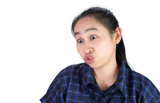 Asian young woman in blue shirt, Make funny faces for you to be happy and not stressed. Body language and encouragement concept.