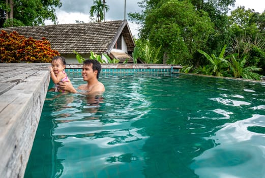 Portrait of Father and daughter enjoying a summer holiday in swimming pool at Northern resort of Thailand.