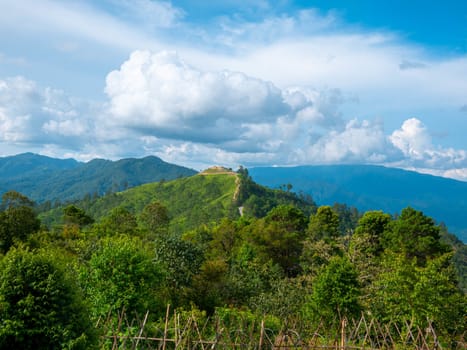 Landscape view of complex mountain with clear sky in the morning in northern of Thailand.