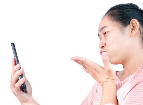 Happy Asian young woman talking by video call on smartphone isolated white background.