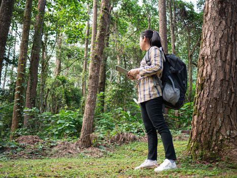 Young woman traveler searches GPS coordinates on tablet in forest on summer vacations day. Lifestyle hiking concept.