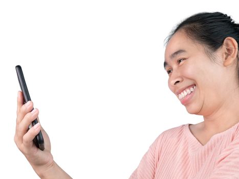 Happy Asian young woman talking by video call on smartphone isolated white background.