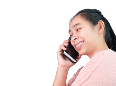 Happy Asian young woman talking by mobile phone isolated on white background.