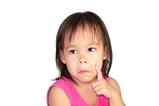 Adorable Asian child thinking and wearing pink dress isolated on a white background.