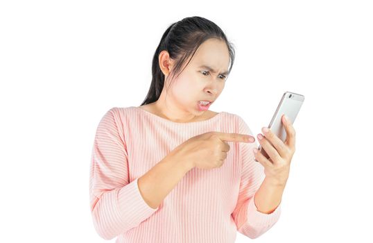 Asian woman angry and furious what she see in the smartphone, Isolated on white background.