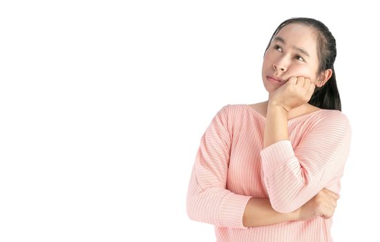 Thoughtful of Asian woman face holding hand near the face and looking seriously up, standing over white background with space for text.