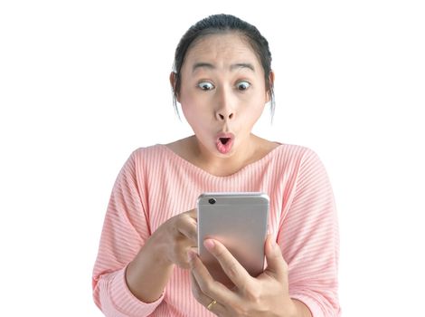 Asian woman shocked what she see in the smartphone and pointing it, Isolated on white background.