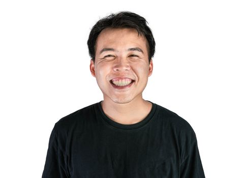 Happy and smile face of Asian man wearing black t-shirt isolated on white background.