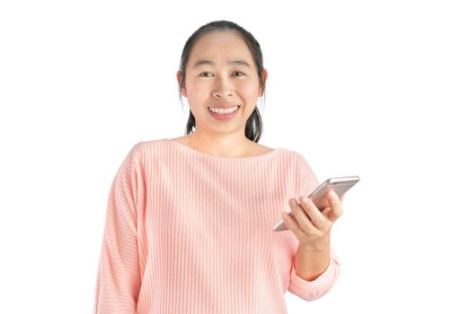 Happy smile face of beautiful young Asian woman use smartphone, Isolated on white background.