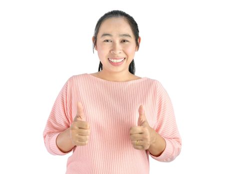 Happy smile face of beautiful young Asian woman show thumb up for success, Isolated on white background.