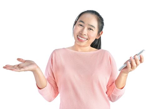 Happy smile face of beautiful young Asian woman use smartphone, Isolated on white background.