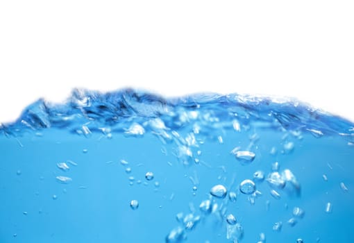 Air bubbles rising up to surface in blue pure water. Abstract background.