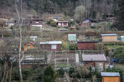 Allotment colony on the edge of the forest with colorful huts