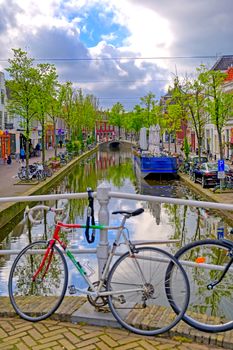 Delft, Netherlands - May 2, 2019 - The canals and waterways in the city of Delft in The Netherlands on a sunny day.